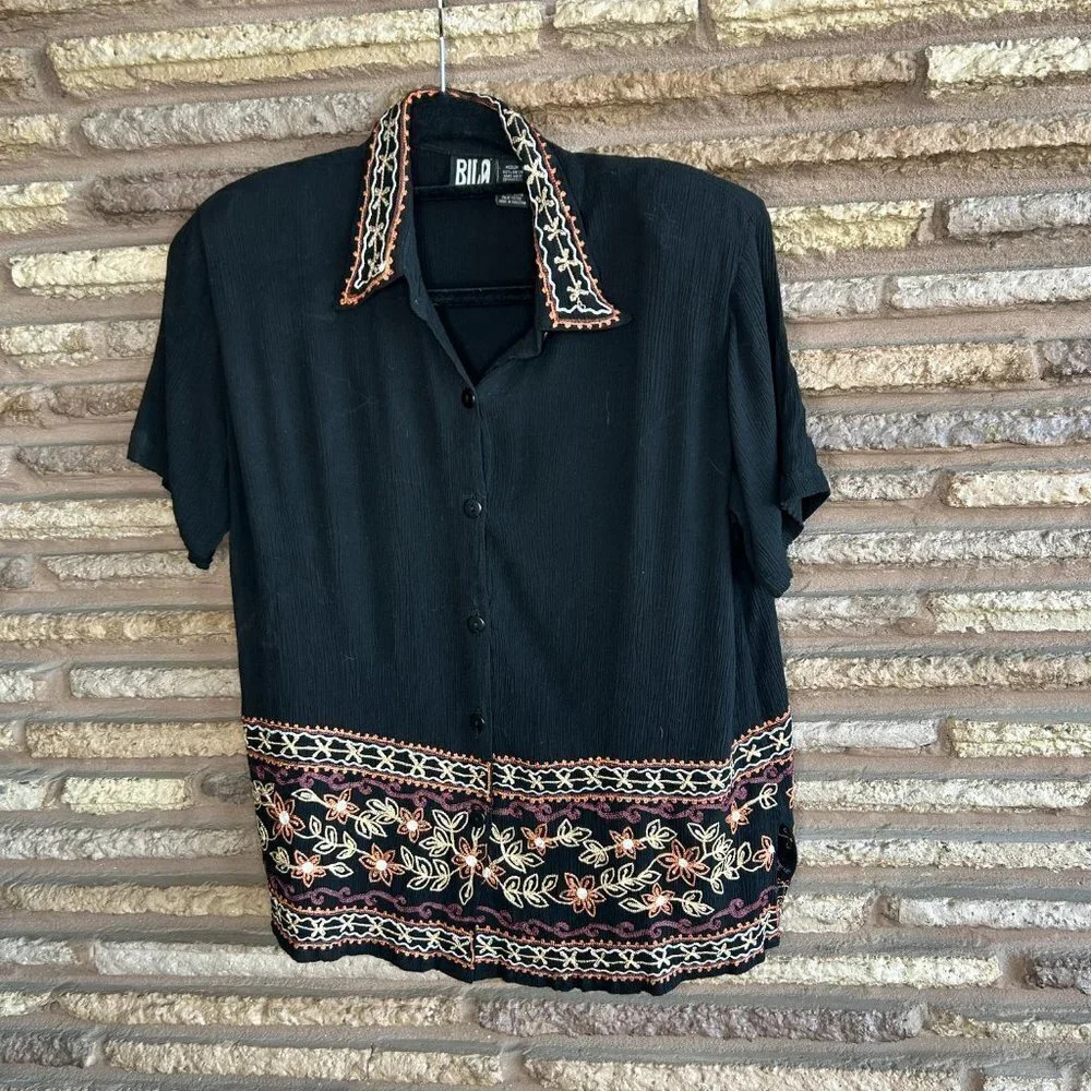 Bila Boho Black Embroidered Border Casual Shirt Blouse Size Medium